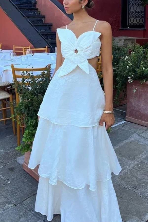 Floral Hollow Pleated Sleeveless High Waist Maxi Dress White