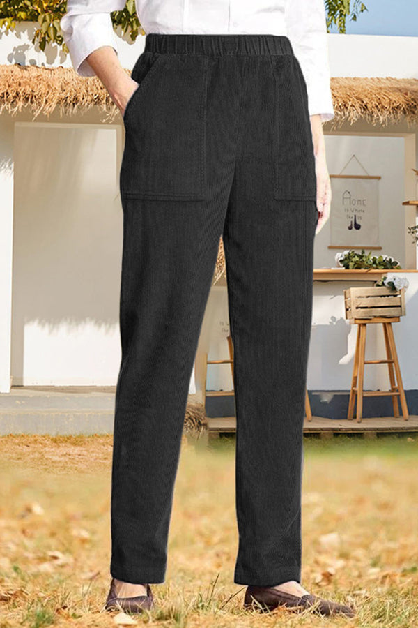 Solid color elastic waist striped straight casual pants Black