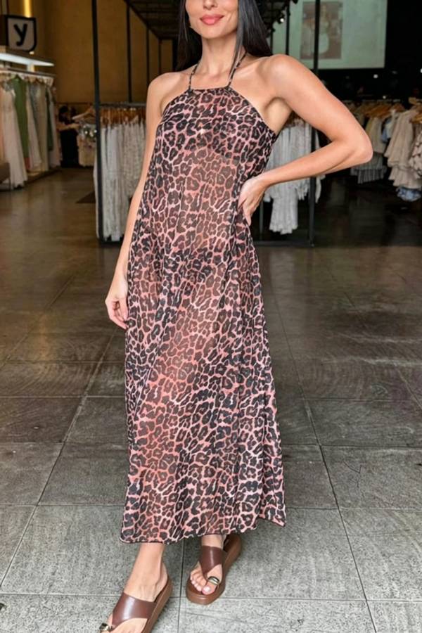 Leopard Print Hardware Detail Straps Elastic Bikini and Lace-up Cover-up Maxi Dress Three-piece Set