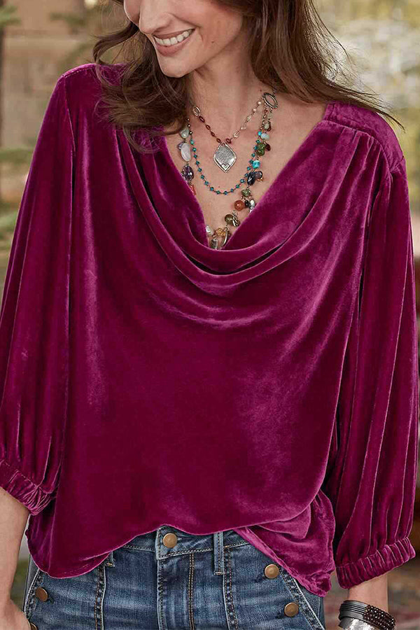 Solid gold velvet stacked collar pleated T-shirt Pink