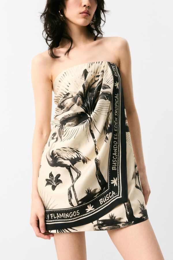 Rückenfreies Neckholder-Minikleid mit Flora-Flamingo-Print
