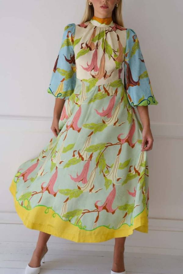 Unique Morning Glory Print Long Sleeve Midi Dress