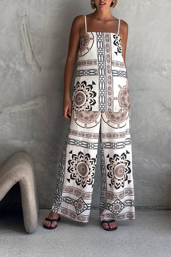 Unique Print Loose Casual Tank Top and Elastic Waist Wide Leg Straight Pants Set