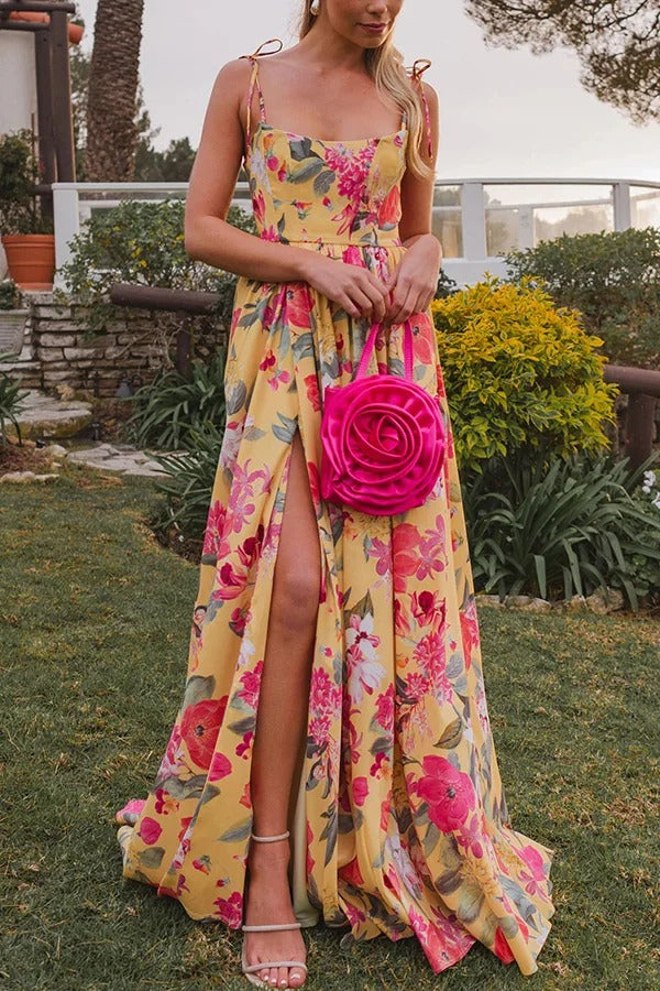Garden Wedding Floral Print Back Tie-up Pocketed Slit Maxi Dress Yellow