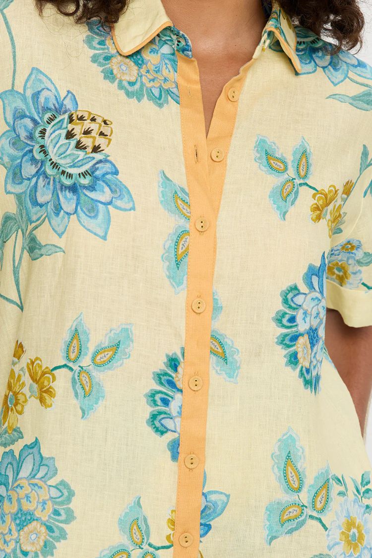 Giselle Linen Blend Floral Print Short Sleeve Shirt and Zipper Mini Skirt Set