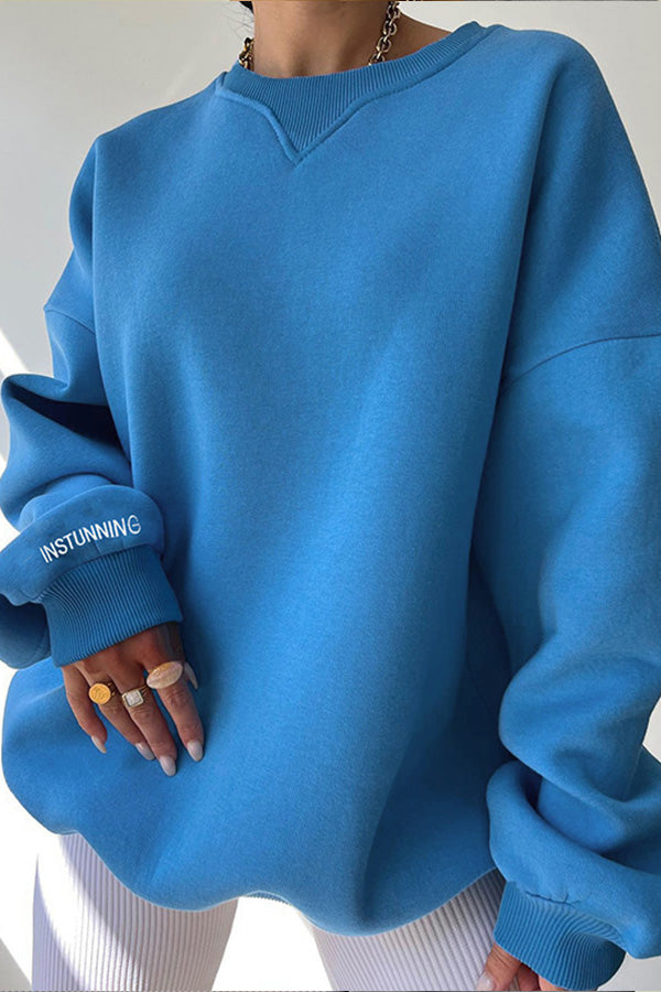 Loose ribbed collar versatile sweatshirt Blue