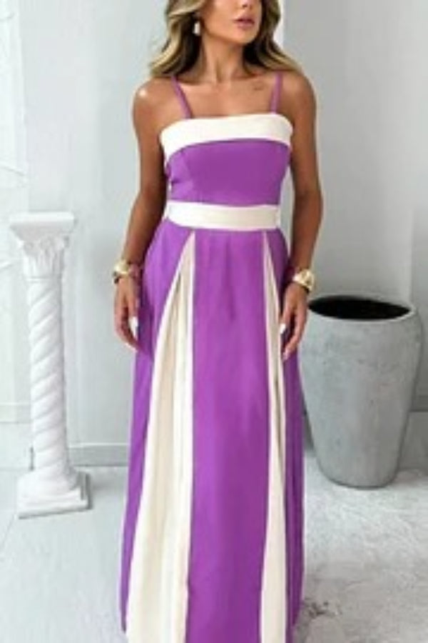 Fashion Contrast Color Sling Back Pleated Lace Up Maxi Dress