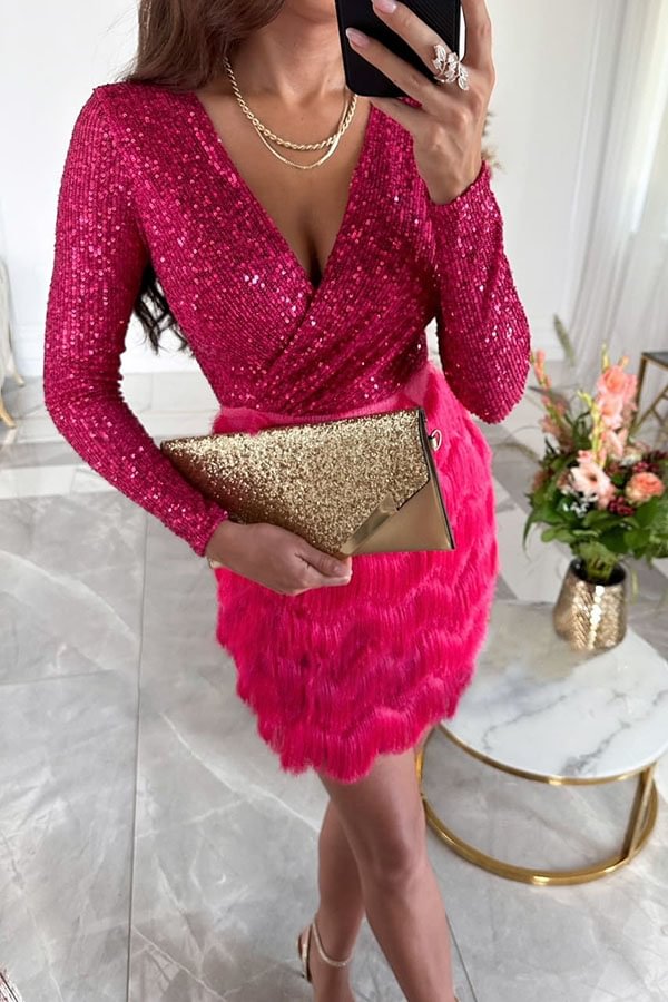 Spinning on The Dance Floor Sequin Patchwork Tiered Fringe Mini Dress Pink