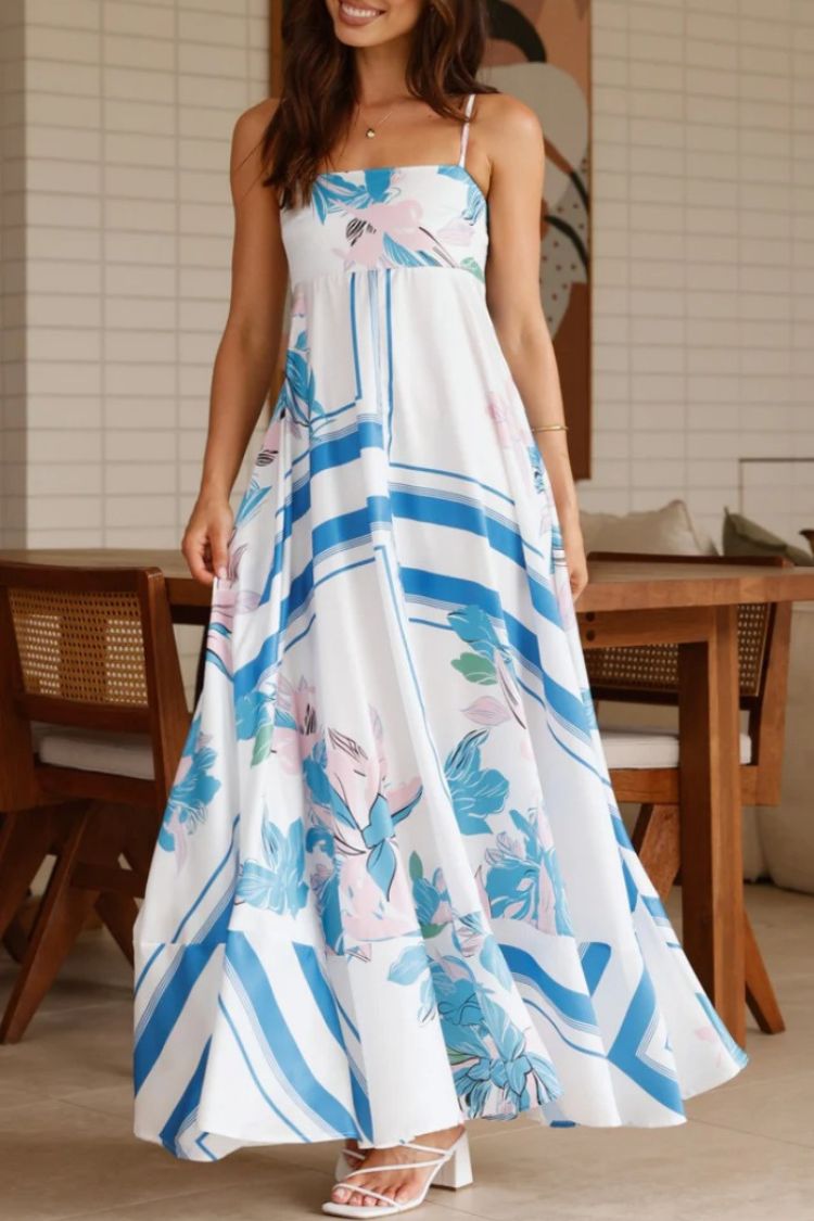 Printed Ruffle Suspender Maxi Dress