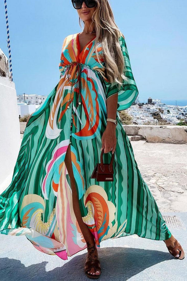 V-Neck Batwing Bohemian Printed Long Beach Cover-Up Dress Green