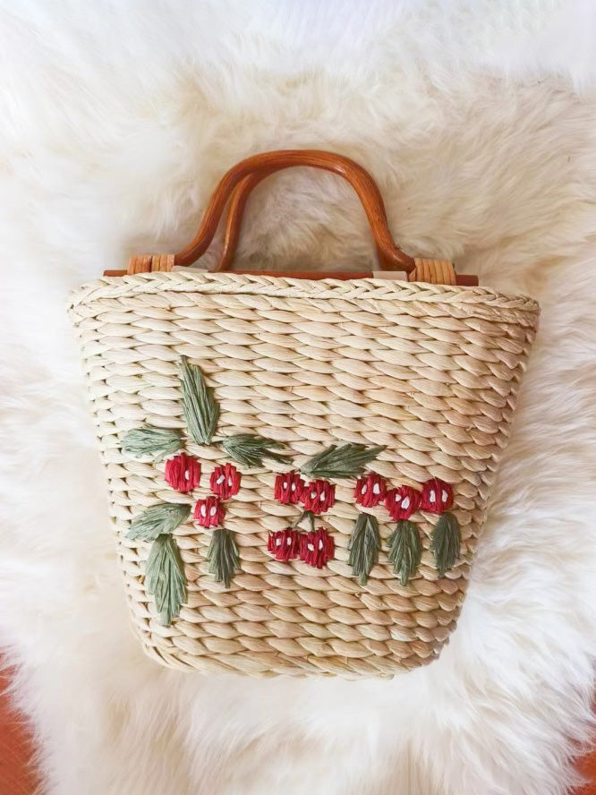 Sac en paille brodé vintage en forme de seau avec poignée en rotin