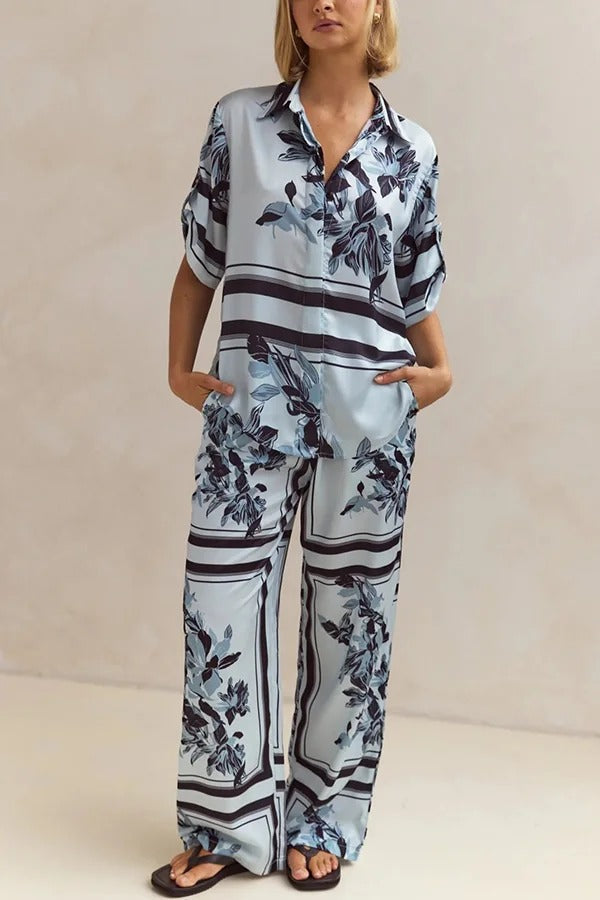 Fashionable Plant Print Loose Lapel Short Sleeve Shirt and Casual Elastic Waist Pocket Pants Set