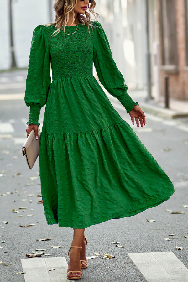 Solid Lantern Sleeve Ruffle Hem Shirred Dress