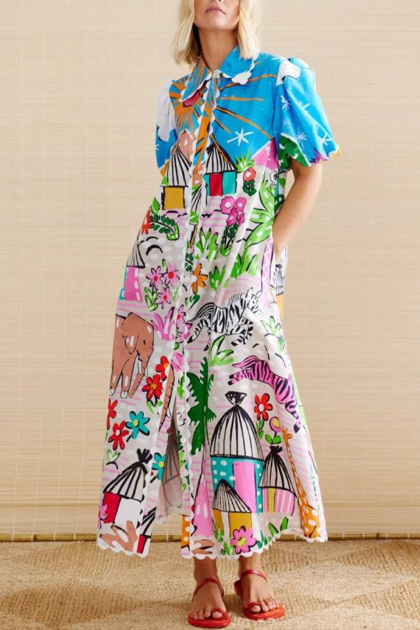 Whimsical African Safari Print Puff-Sleeve Shirt Dress