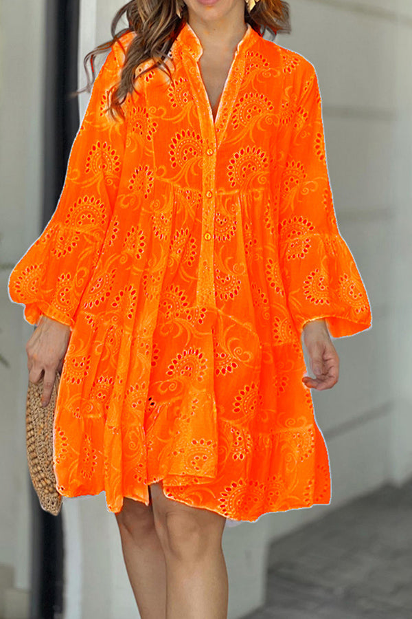 V Neck Embroidered Hollow Lace Flower Mini Dress Orange