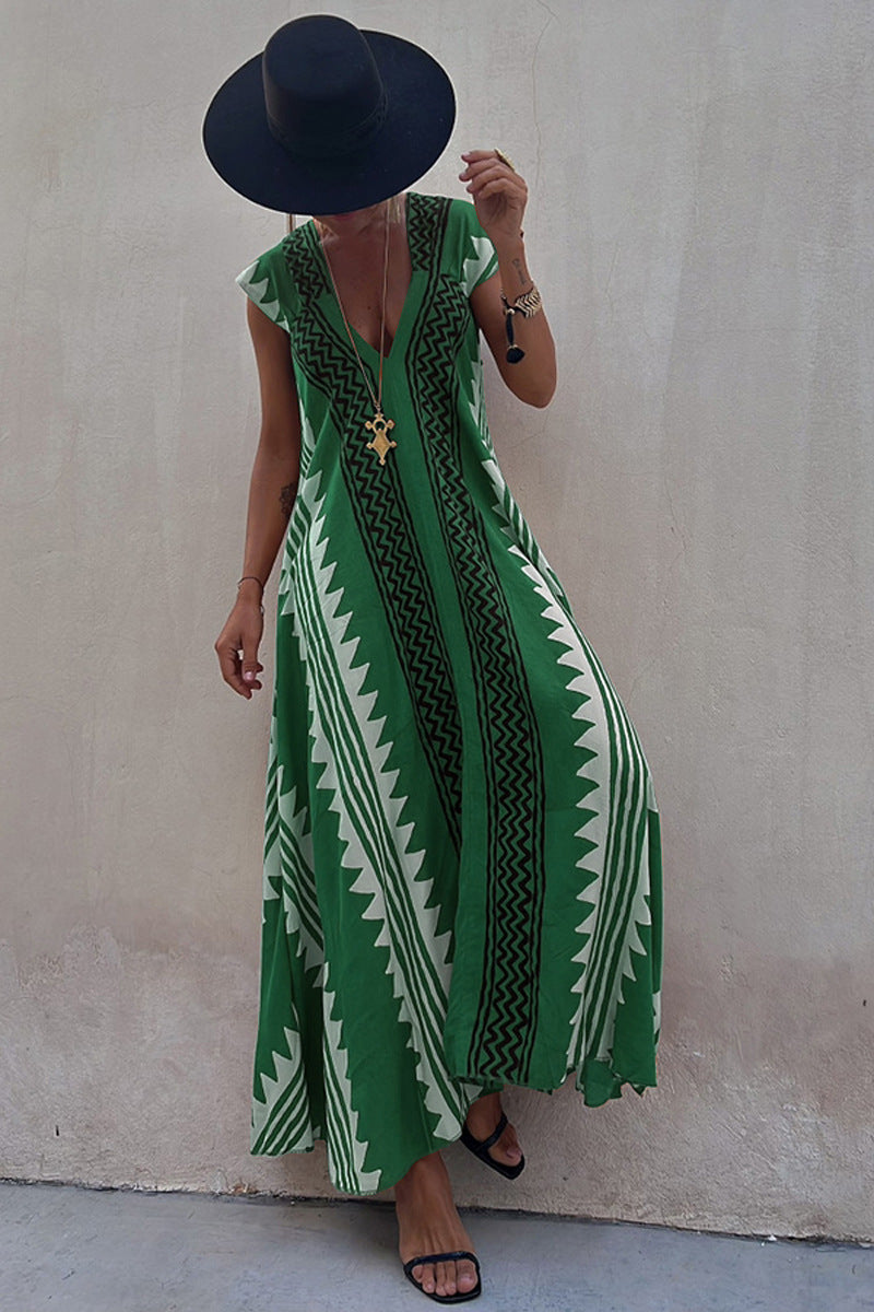 Beach Dates Ethnic Print A-line Maxi Dress Green