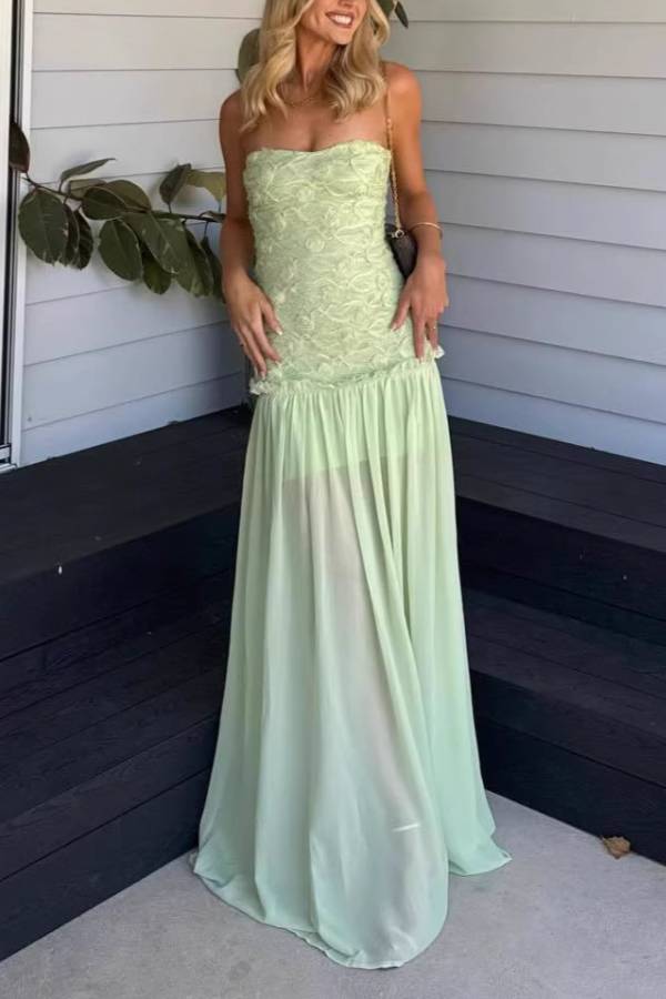 3D Rose Lace Panel Chiffon Flowy Maxi Dress