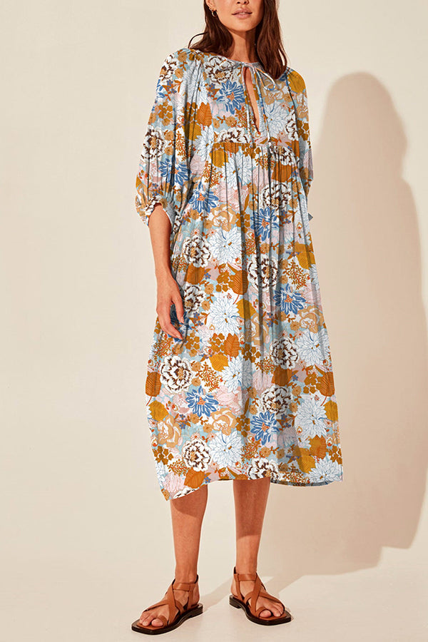Lantern sleeve V-neck tie floral dress 6