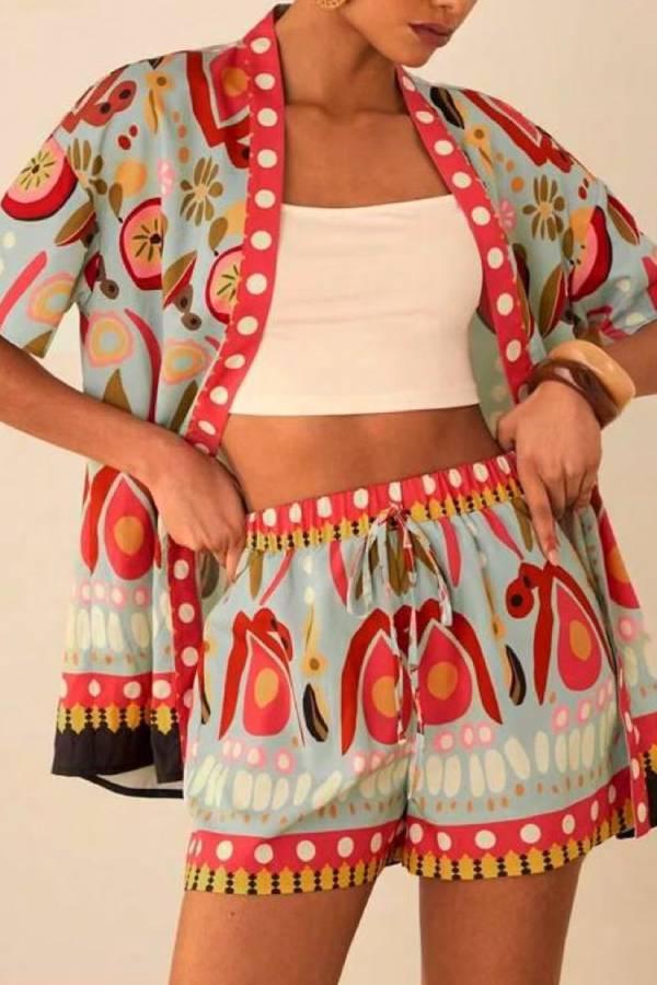Tropical Bird & Floral Print Kimono Top & Shorts Set