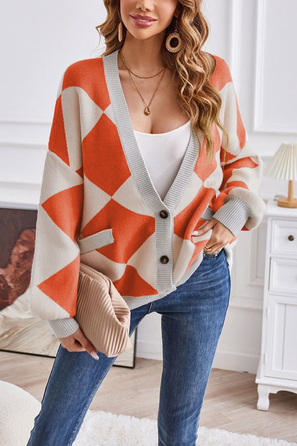 V-neck geometric patchwork contrasting knitted cardigan casual loose jacket Orange