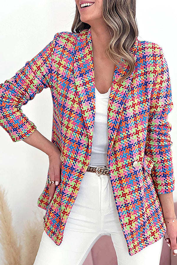 Long sleeve pocket printed double breasted casual jacket Purple red