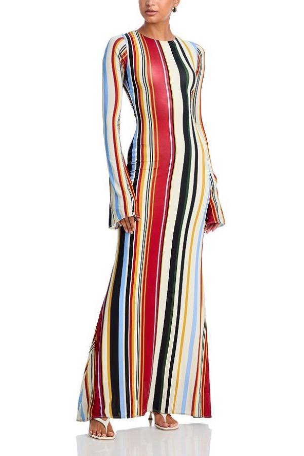 Colorful Vertical Stripe Flare Sleeve Fitted Mermaid Maxi Dress