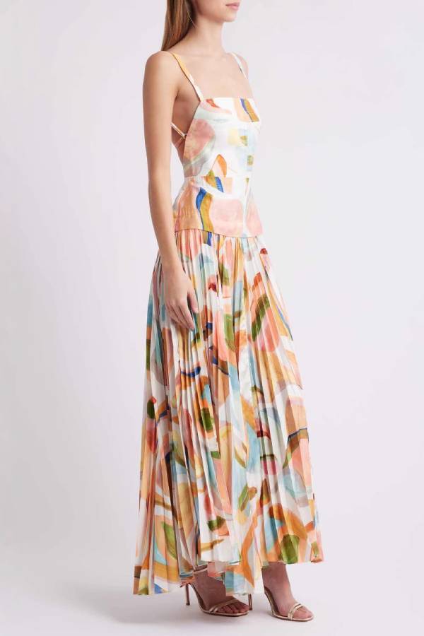 Thin Strap Square Neck Open Back Waisted Abstract Watercolor Print Pleated Maxi Dress
