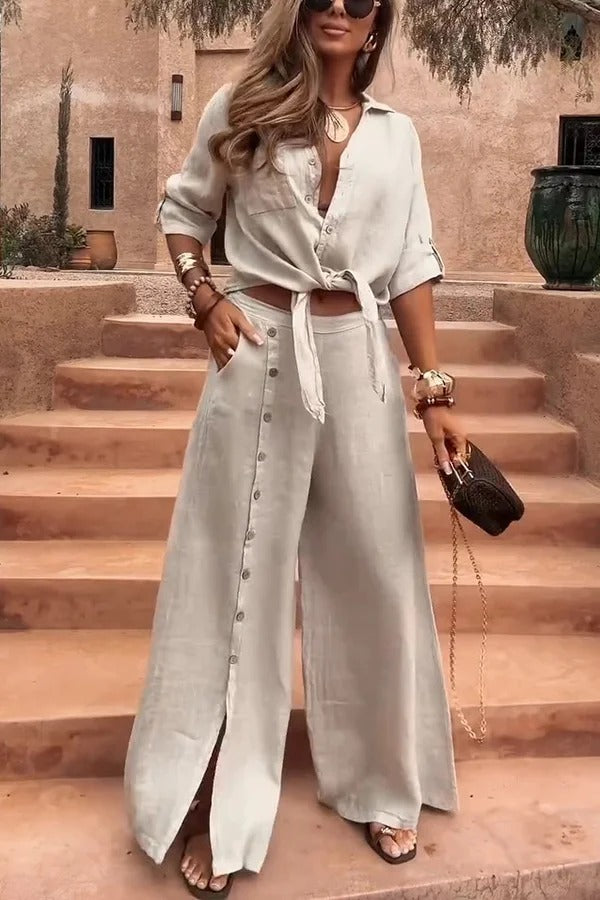 Einfarbiges, lässiges Button-Down-Hemd mit Revers und weitem Hosenset mit Taschenschlitz