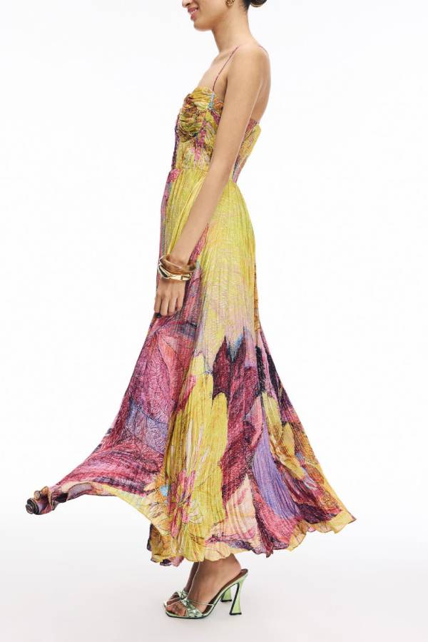 Vibrant and Bold Floral Print Sweetheart Neck Pleated Maxi Dress