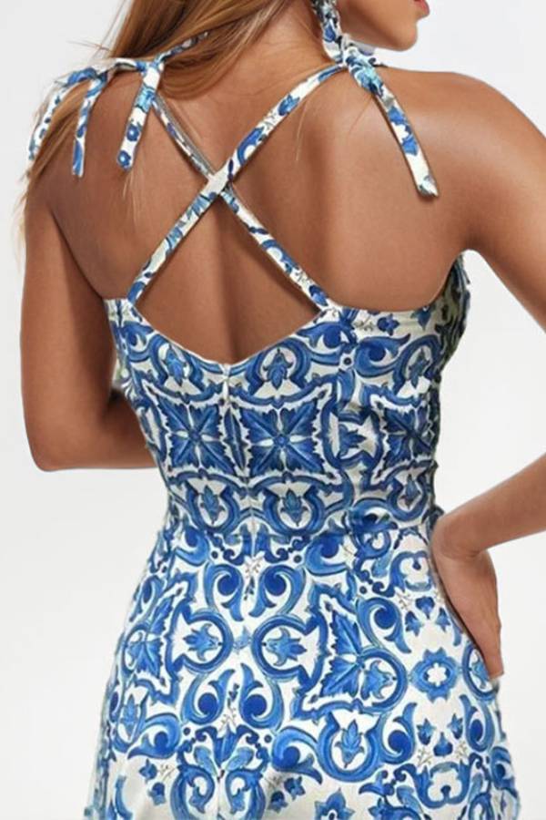 Blue Porcelain Print Tie Back High Slit Spaghetti Strap Maxi Dress