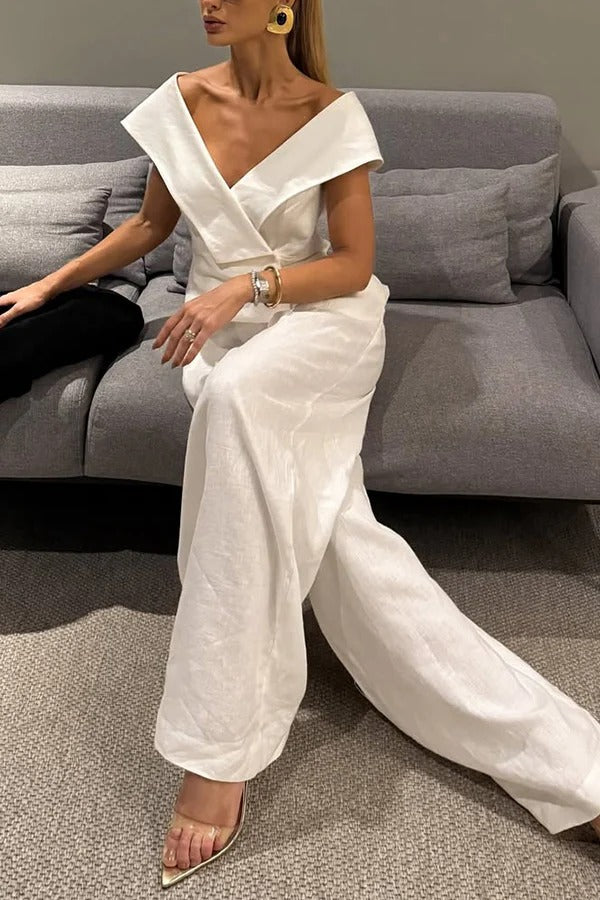 Velena Linen Blend Button Up Lapel Top and High Rise Pocket Wide Leg Pants Set