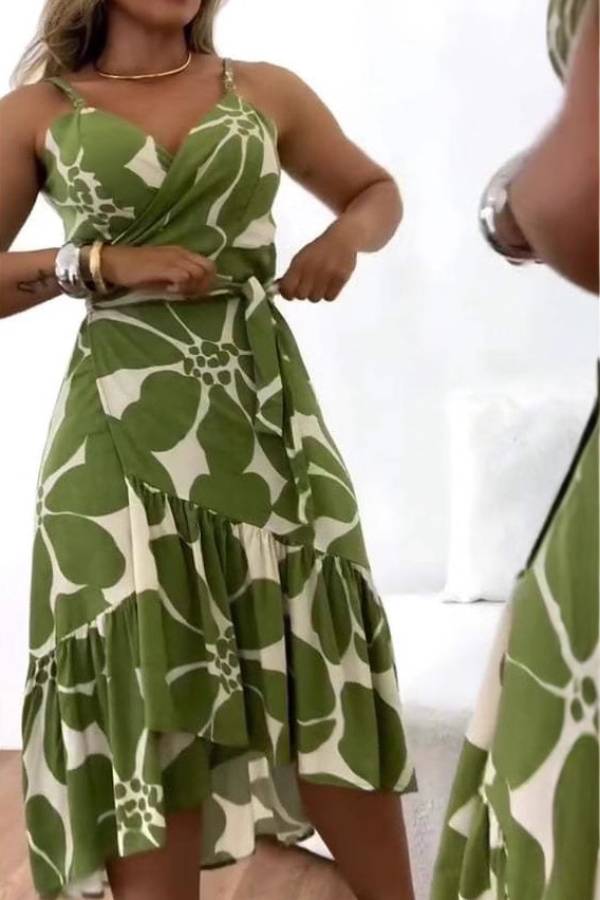 Printed Strappy Waist-Defining Dress
