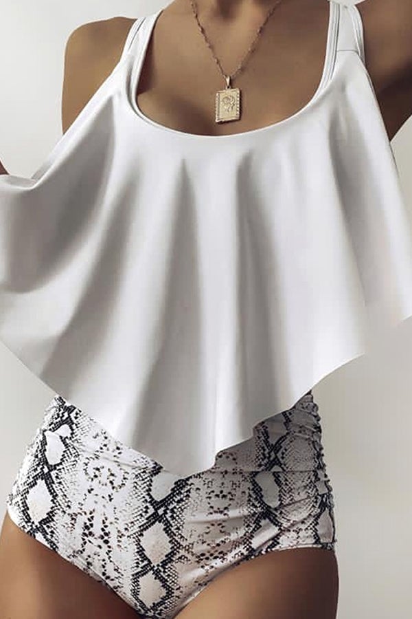 Irregular Ruffled High Waist Bikini White