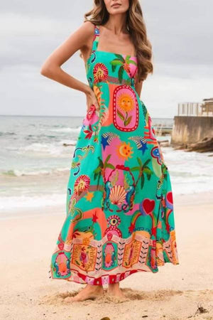 Tropical Graffiti Print Square-Neck Maxi Dress