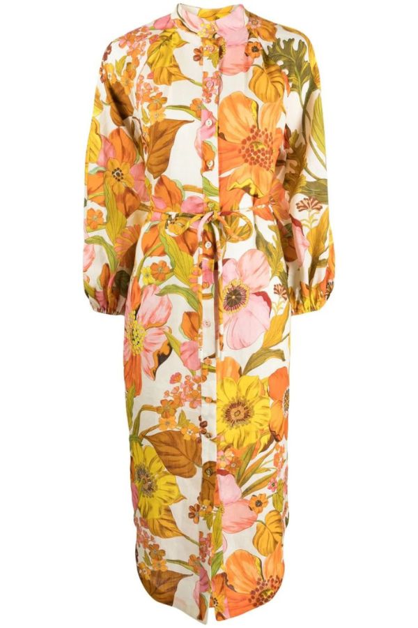 Floral Print Fashion Puff Sleeve Fitted Swing Midi Dress