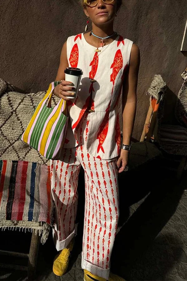 Good Luck Linen Blend Koi Pattern High Rise Elastic Waist Loose Pants