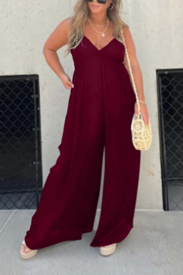 Effortless Back Tie-up Pocketed Wide Leg Cami Jumpsuit Red