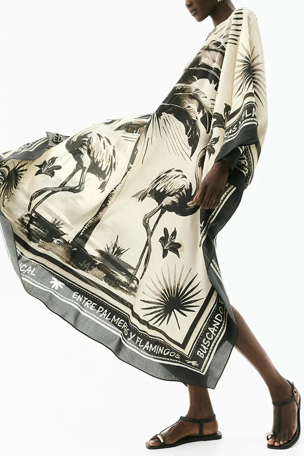 Flora Flamingo Print V-neck Loose Holiday Maxi Dress