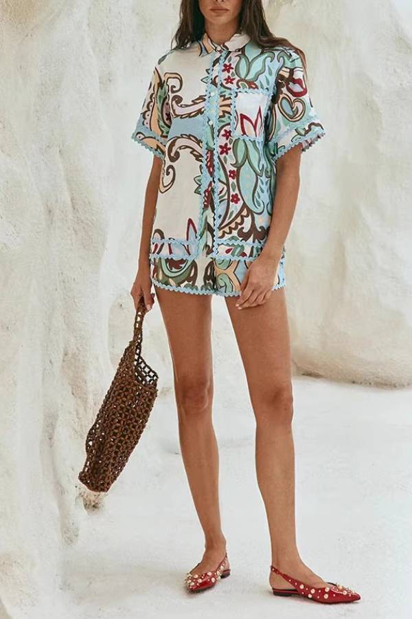 Paisley Floral Print Scallop Trim Short-Sleeve Shirt & Shorts Two-Piece Set