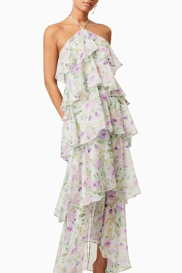 Cocktail Party Sheer Floral Georgette Halter Flowy Tiered Maxi Dress