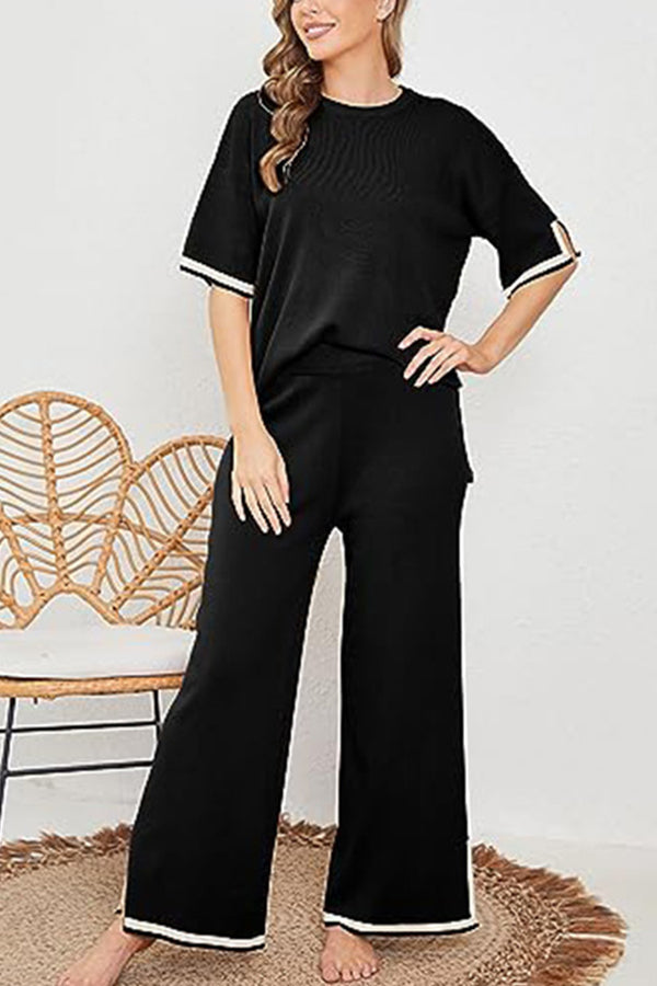 Lounge or Casual Wear Knit Patchwork Color Block Short Sleeve Top and Elastic Wide Leg Pants Black