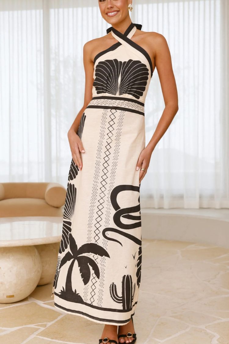 Shell Print Holiday Style Halter Neck Maxi Dress Multicolor