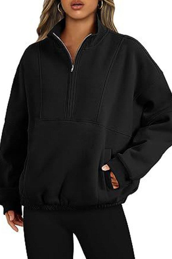 Zip Pocket Pullover Stand Collar Long Sleeve Top Black