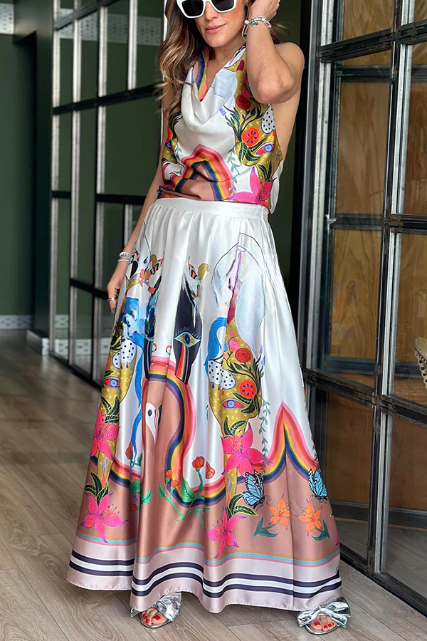 Unique Print Back Tie-up Pocket Halter Maxi Dress White