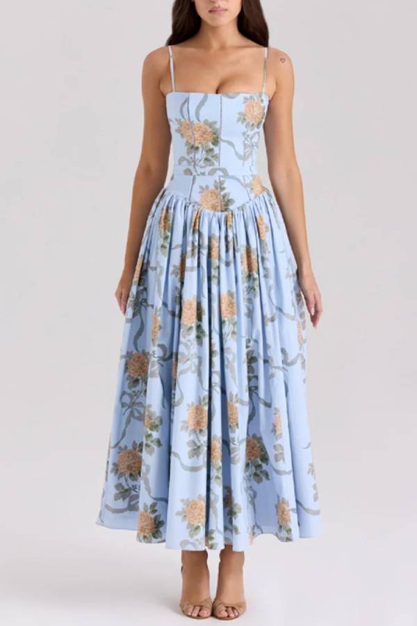 Spaghetti Strap Corset Floral Midi Dress