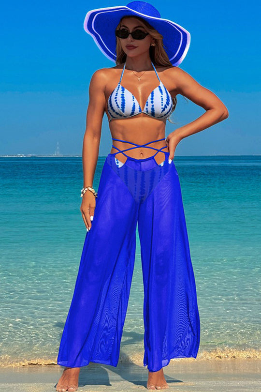 Multicolor printed suspender swimsuit three-piece swimsuit Blue polka dot swimsuit + blue trousers three-piece suit