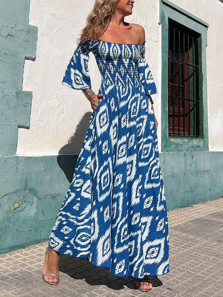 Close To The Vacation Ethnic Print Smocked Off Shoulder Pocketed Maxi Dress Blue