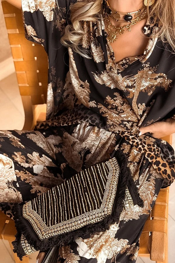 Tree Shadow Print V-Neck Short Sleeve Loose Top and Elastic Waist Casual Wide Leg Pants Set