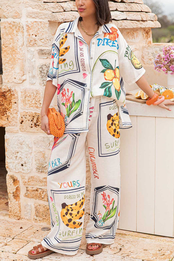 Summer Plant Fruit Print Casual Short Sleeve Shirt and Elastic Waist Loose Wide Leg Pants Set Multicolor