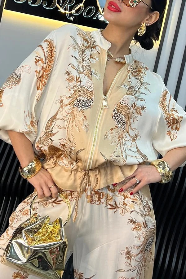 Unique Printed Casual Long-sleeved Loose Top and Elastic Waist Pocket Wide-leg Pants Set